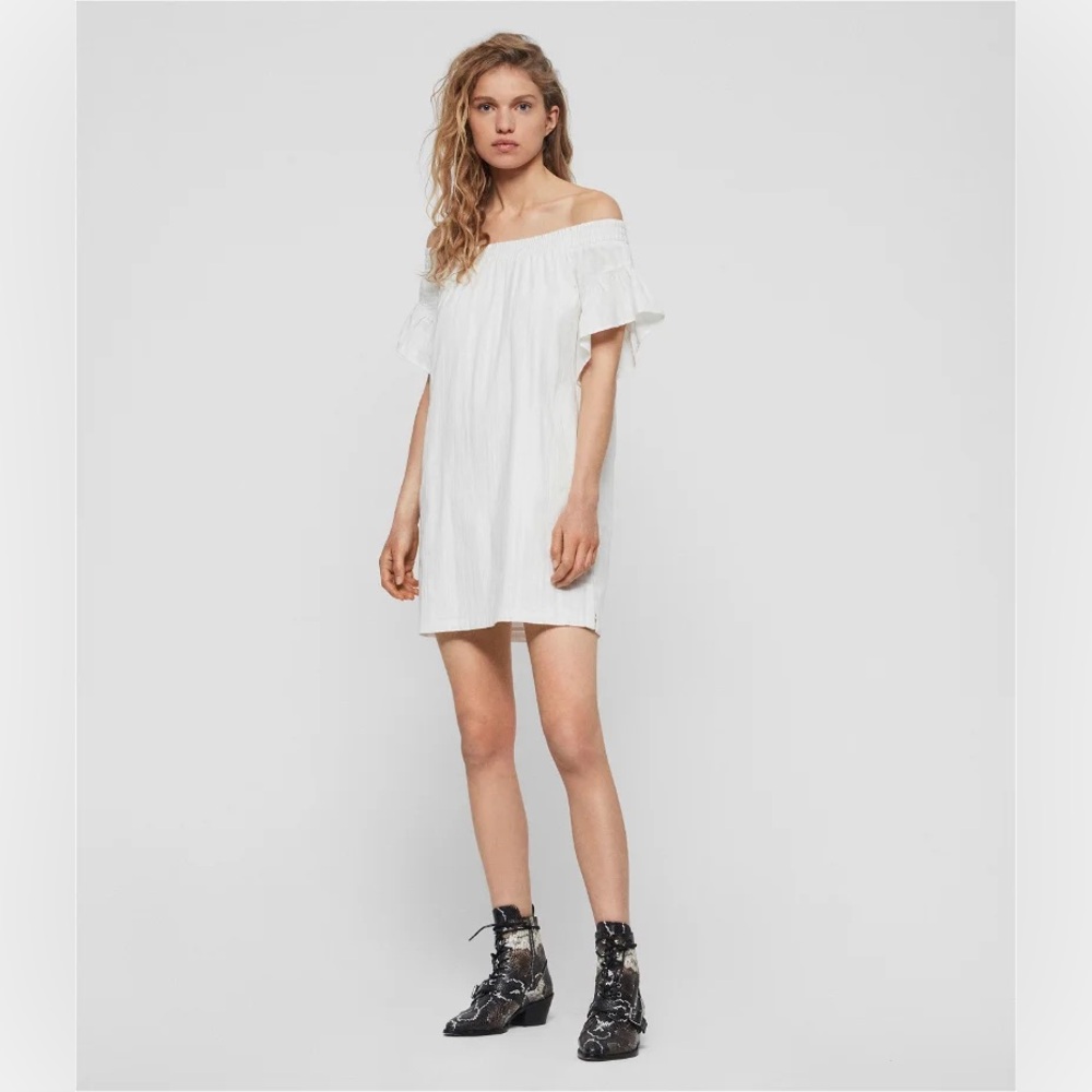 Allsaints off the shoulder white dress with pockets sz large